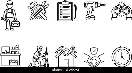 Set of repair and maintenance line icons depicting various worker and tool related tasks. Stock Vector