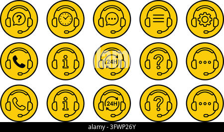 Set of customer service and support yellow circular icons representing call center operations. Stock Vector