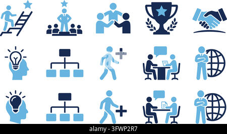 Set of blue and white business icons depicting leadership, success, teamwork, and innovation. Stock Vector