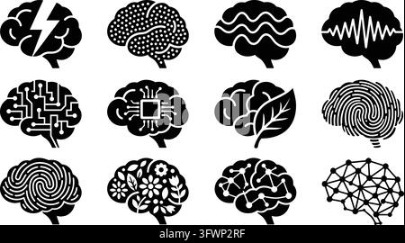 Human brain icons showing neurological functions and creative intelligence in black silhouettes. Stock Vector
