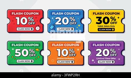 Flash coupon ticket set featuring various discount percentages and colorful promotional badges. Stock Vector