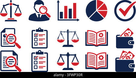 Business management and financial audit icon set in red and navy blue for professional reports. Stock Vector