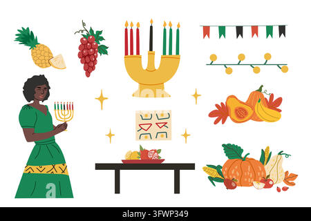 Set of Kwanzaa elements in cartoon flat style. Harvest icon. Hand drawn kinara with whine, harvest icons and berber patterns. National holiday of afro Stock Vector