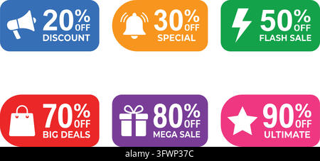 Discount promotion banners with icons and percentage off messages. Stock Vector