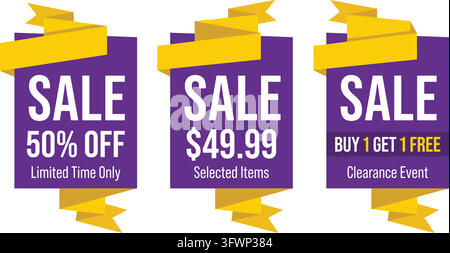 Vertical purple sales banners with yellow ribbon accents for limited time offers and clearance. Stock Vector