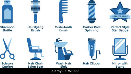 Barber shop and hair salon equipment icons blue flat style for beauty industry services design. Stock Vector