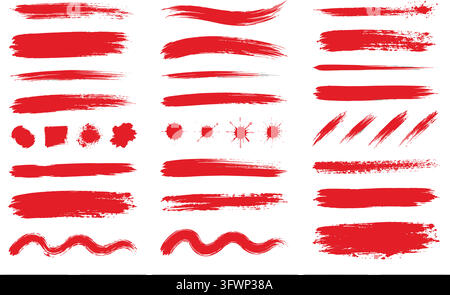 Set of red paint brush strokes and splatters for artistic design and highlighting elements. Stock Vector