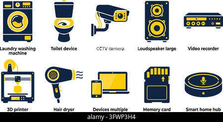 Smart home household appliances collection features yellow and dark blue electronic device set. Stock Vector