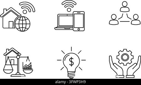 Set of black outline business and communication icons on clean white background for design. Stock Vector