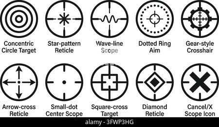 Set of black and white crosshair, scope and target icons for aiming and shooting games. Stock Vector