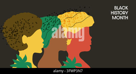 Black History Month abstract banner with traditional colors. Afro, american womans silhouettes. Vector illustration on banner. Stock Vector
