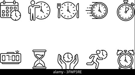 Set of linear time related icons including calendar, clock, stopwatch and hourglass symbols. Stock Vector