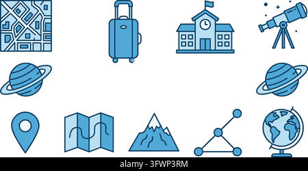 Collection of education and travel icons with blue outline for learning and journey planning. Stock Vector