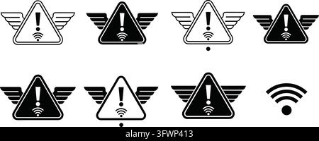 Black and white wi-fi signal warning icons, wireless internet connection problem vector set. Stock Vector
