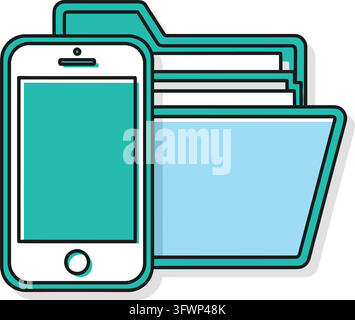 Mobile phone data storage illustration with digital folder and document for cloud management. Stock Vector