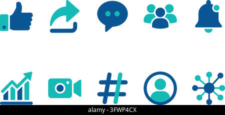 Social media business marketing flat icons with like share message group and notification bell. Stock Vector