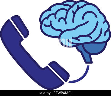 Dark blue telephone receiver connected to human brain representing mental health consultation. Stock Vector