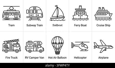 Modern transportation vehicle line icons with labels for travel logistics and transit services. Stock Vector