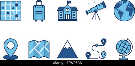 Travel and geography blue icon set featuring maps and globe for exploration and navigation use. Stock Vector
