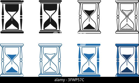 Hourglass icon set with black and blue minimalist hourglass designs for time tracking concepts. Stock Vector