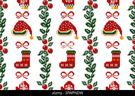 seamless pixel art Christmas pattern featuring vertical rows holiday icon, red Santa hat, Christmas stocking, red ribbon, mitten, green leafy vine, re Stock Vector