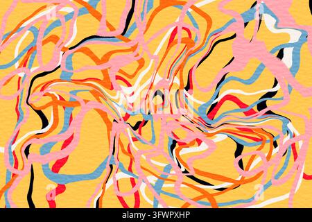 Vibrant liquid marble artwork with flowing pink, orange, blue, white, and black ribbons twisting across a warm yellow field to create a psychedelic ab Stock Photo