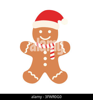Cute Christmas gingerbread man in a red Santa hat and striped scarf isolated on white background Stock Vector