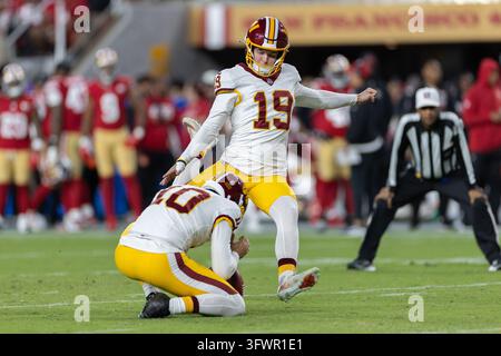 Washington Commanders place kicker Drew Stevens (19) kicks during an ...