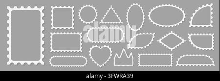 Pack of scalloped white postage frames isolated. Outline border template. Simple minimalist label text box. Blank scallop edge stamp mockup. Vector il Stock Vector