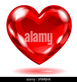 A brilliant, deep red translucent heart with a highly glossy, wet appearance and strong reflections. It casts a soft shadow on a white background. Tra Stock Vector