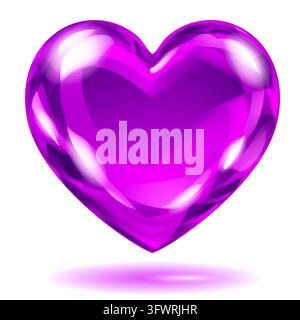 Shiny, glossy purple translucent heart with a smooth, vibrant magenta surface and reflections. Transparency only in vector file. Stock Vector