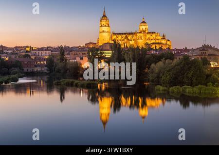 Salamanca Cathedral illuminated at dusk in Spain, viewed from the river with its image reflected in the water. Stock Photo