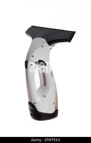 Side view of a handheld window squeegee with a black rubber blade and white handle isolated on white. Stock Photo