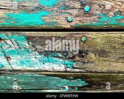 Close up of horizontal wooden boards with peeling turquoise paint, creating a textured and weathered surface, typical of Icelandic architecture Stock Photo