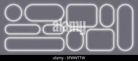 Neon glowing frames, white night banners light effect, bright illuminated borders. Stock Vector
