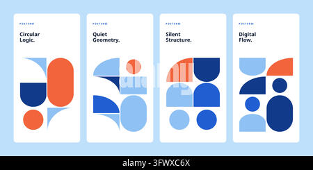 Geometric Poster Set in Blue and Orange, Circular Logic, Quiet Geometry, Silent Structure, Digital Flow Abstract Layouts Stock Vector