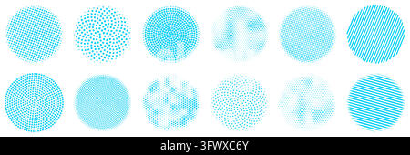 Cyan Blue Halftone Circle Set, Dotted and Striped Vector Textures Stock Vector
