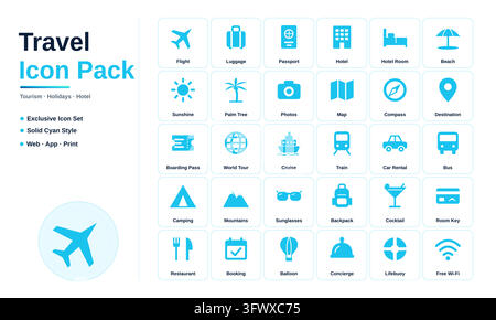 Travel Icon Pack, 30 Solid Cyan Tourism and Holiday Icons for Flight, Hotel, Beach, Luggage and Passport Stock Vector