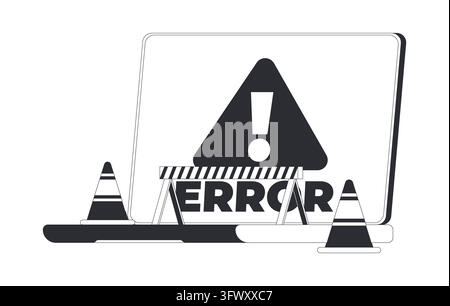 Laptop computer error warning with construction barrier black and white cartoon clipart Stock Vector