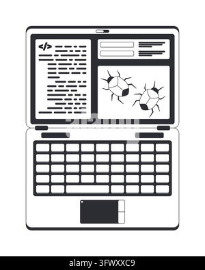 Software debugging on laptop black and white cartoon clipart Stock Vector