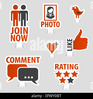 Set Social Media Stickers with Like, Speech Bubble, Heart, Join and Bird Icon. Vector illustration Stock Vector