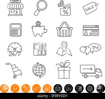 Internet Shopping Icon Set for e-commerce in Line Thin Style. Vector isolated on white Stock Vector