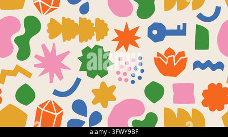 Fun trendy vector seamless pattern with playful abstract doodle shapes, stars, and crystals. Artistic hand drawn paper collage background for textile Stock Vector