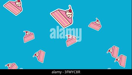 Image of slices of pink cake with cherry and cream topping falling on blue background Stock Photo