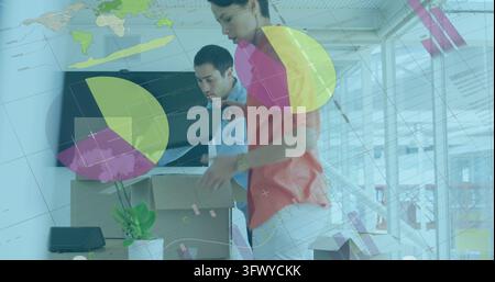 Image of infographic interface over diverse coworkers unpacking cardboard boxes. Digital composite, multiple exposure, report, business, progress, tea Stock Photo