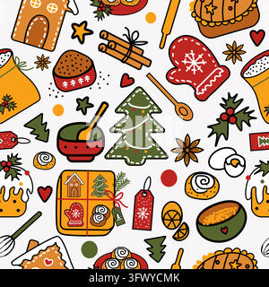 Christmas seamless pattern with colorful doodles of festive baking, utensils and gifts Stock Vector