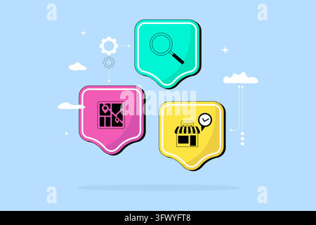 Vibrant illustration depicting business search, data analytics, and online store concepts with colorful icons. Ideal for digital marketing, e-commerce Stock Vector