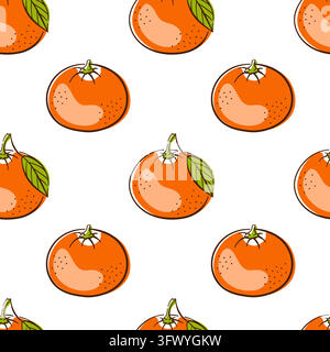 Mandarin oranges in seamless repeating pattern. Christmas citrus background. Flat line art illustration. Holiday fruit design for seasonal wrapping Stock Vector