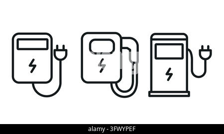 Electric vehicle charging station and wallbox icon set. EV home charger outline vector symbols. Stock Vector
