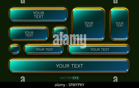 Set of glossy emerald web buttons with golden glow. Futuristic UIUX elements in various shapes. Vector illustration Stock Vector